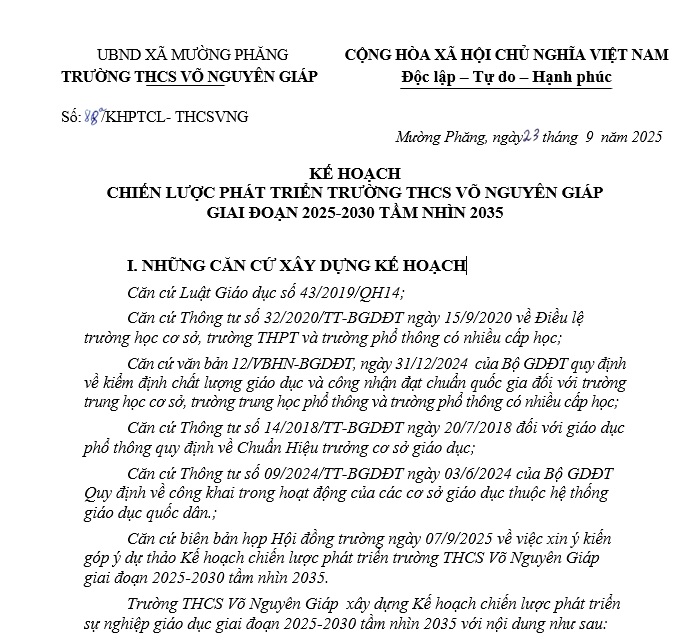 KẾ HOẠCH CHIẾN LƯỢC PHÁT TRIỂN TRƯỜNG THCS VÕ NGUYÊN GIÁP GIAI ĐOẠN 2025 2030 TẦM NHÌN 2035